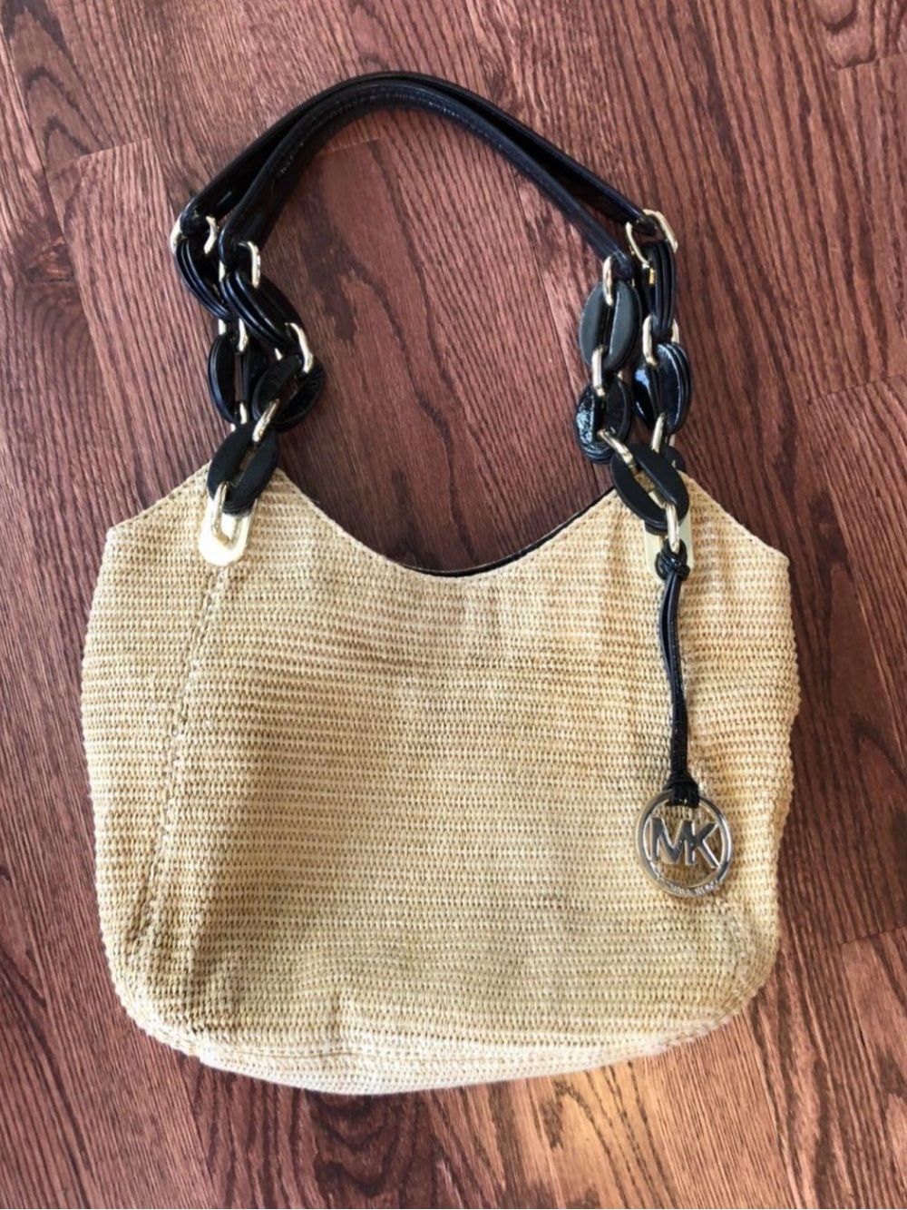 Michael Kors Tan Woven Shoulder Bag with Black Chain-Link Handles